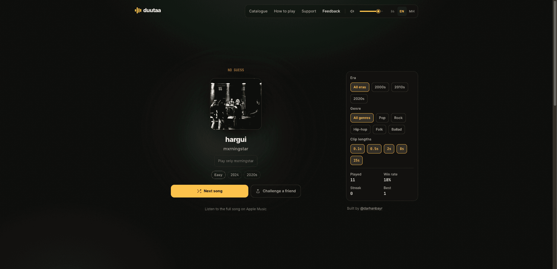 Duutaa — a solved round: cover art, artist, year and a link to the full track on Apple Music