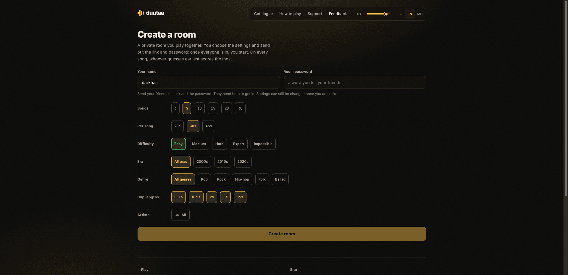 Duutaa — creating a private room: song count, clip length, tier, era, genre and artists
