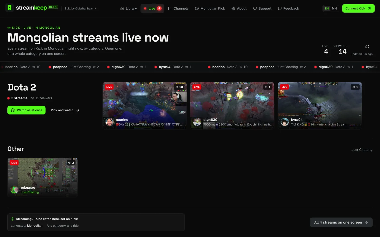 StreamKeep — live multiview of Mongolian Kick channels
